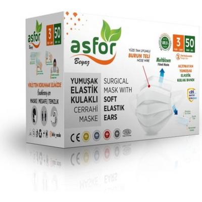ASFOR 3 KATLI ELASTİK MASKE 50Lİ BEYAZ